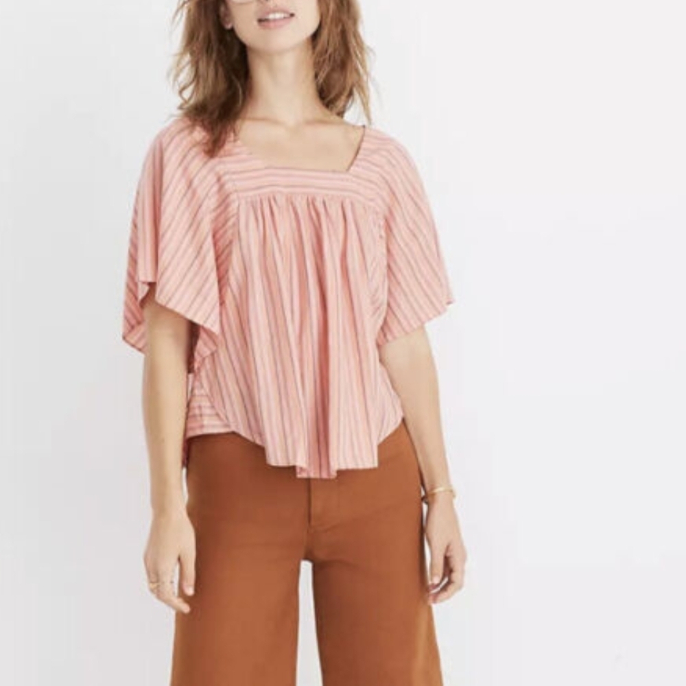 Madewell Pink Striped Square-Neck Flutter Sleeve Blouse